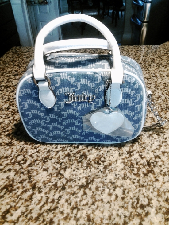 Juicy Couture Handbags - Juicy Couture Blue Logo Mini Dome Satchel with White Trim and Heart Charm